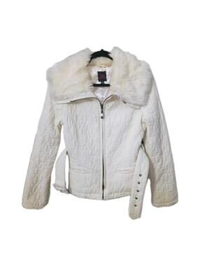 2b bebe White Quilted Jacket w/ Faux Fur Collar Buckle Belt Lined Women's Size M